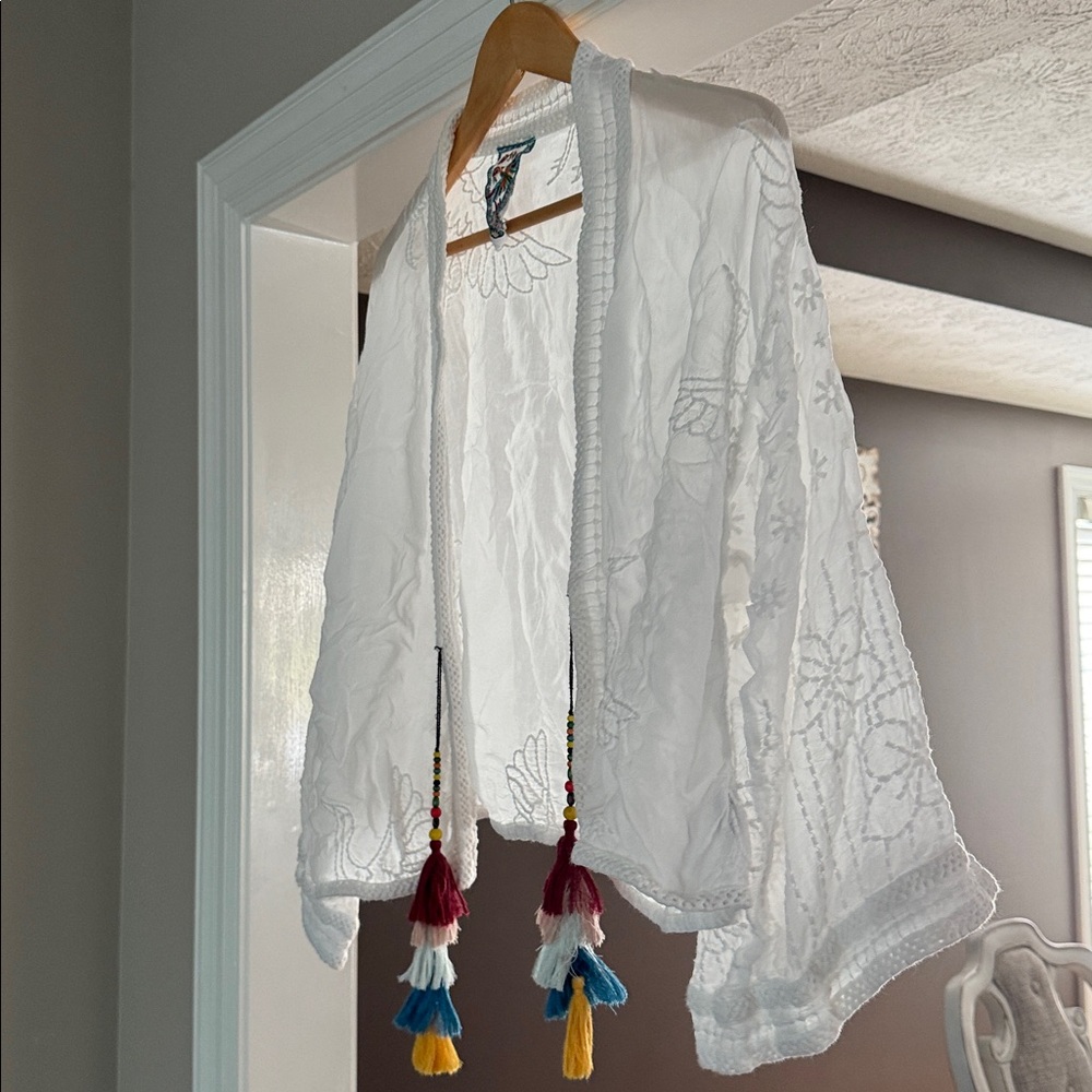 Johnny Was White Kimono with Colorful Embroidery